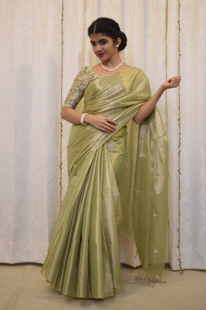 Nivritti: Pistachio Green Mul-Zari Tissue Saree