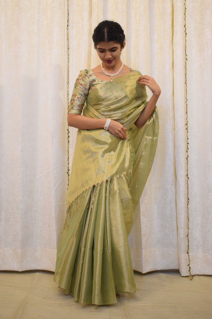 Nivritti: Pistachio Green Mul-Zari Tissue Saree