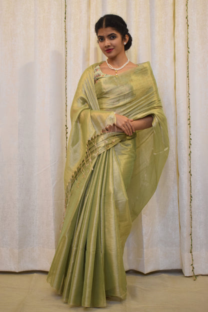 Nivritti: Pistachio Green Mul-Zari Tissue Saree