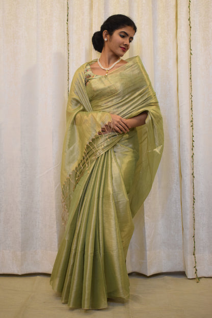 Nivritti: Pistachio Green Mul-Zari Tissue Saree