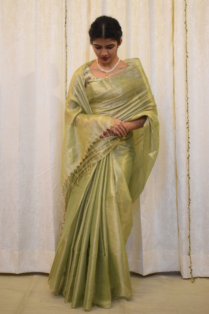 Nivritti: Pistachio Green Mul-Zari Tissue Saree