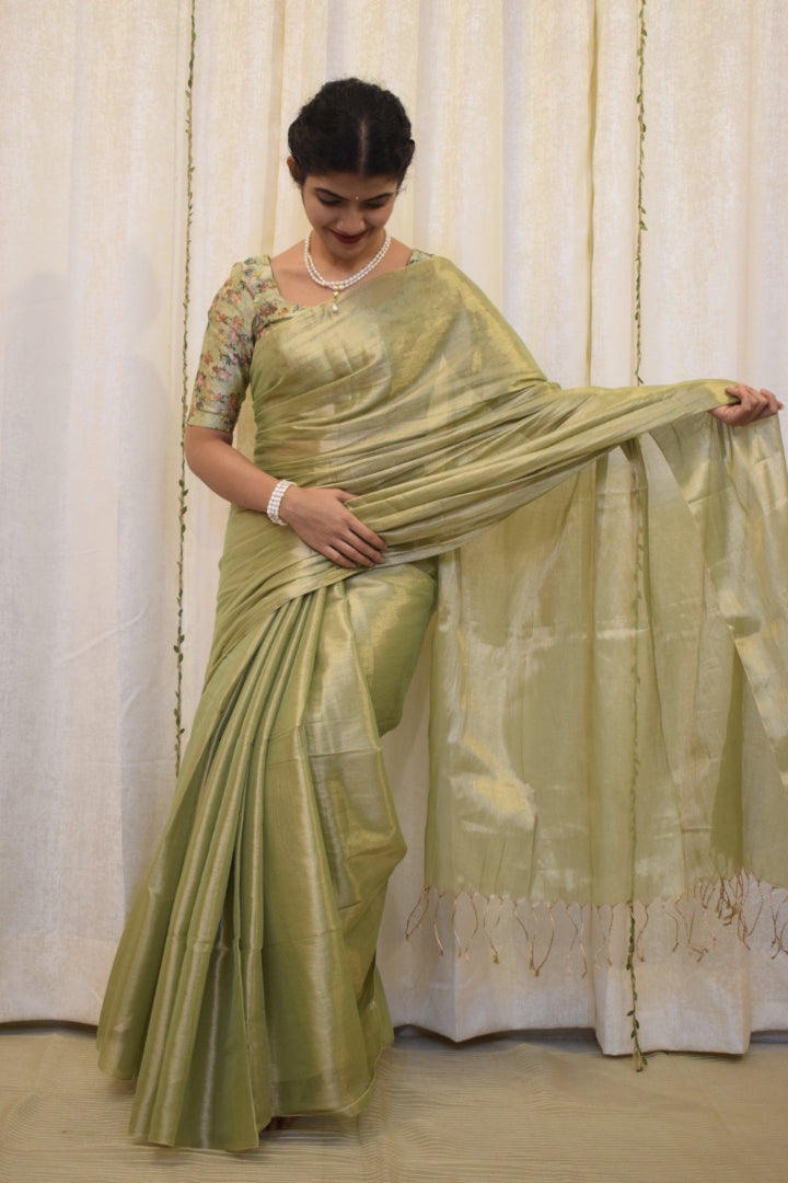 Nivritti: Pistachio Green Mul-Zari Tissue Saree