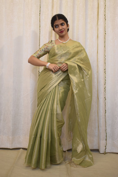 Nivritti: Pistachio Green Mul-Zari Tissue Saree