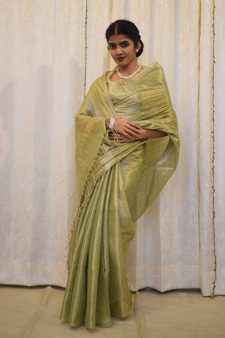 Nivritti: Pistachio Green Mul-Zari Tissue Saree