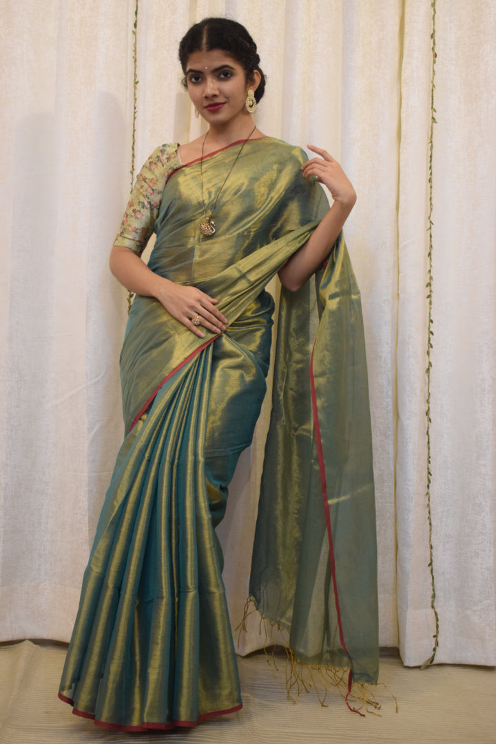 Harvi: Avocado Green Mul-Zari Tissue Saree