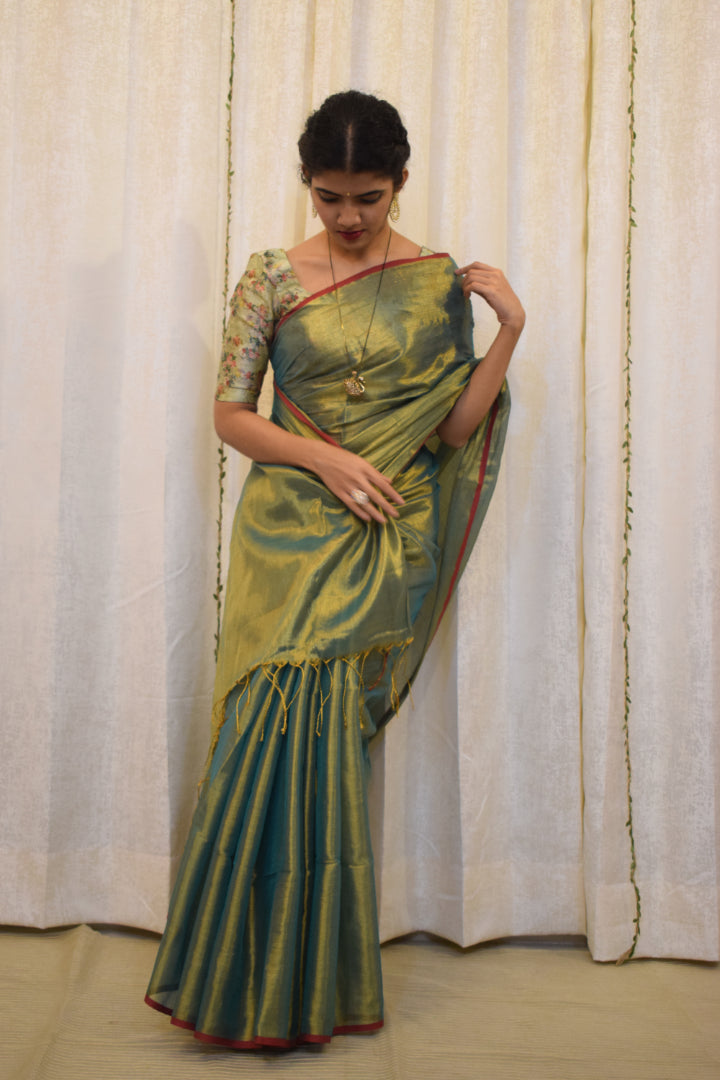 Harvi: Avocado Green Mul-Zari Tissue Saree