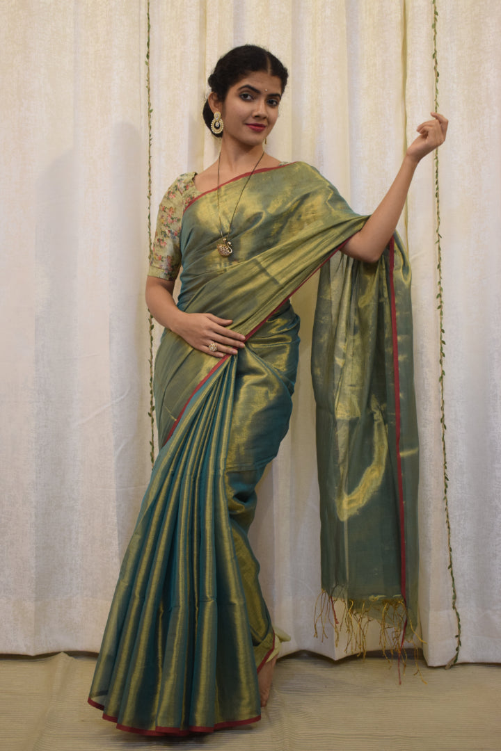 Harvi: Avocado Green Mul-Zari Tissue Saree