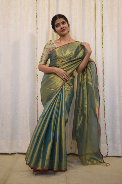 Harvi: Avocado Green Mul-Zari Tissue Saree