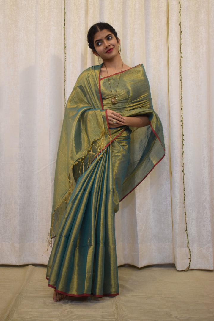 Harvi: Avocado Green Mul-Zari Tissue Saree