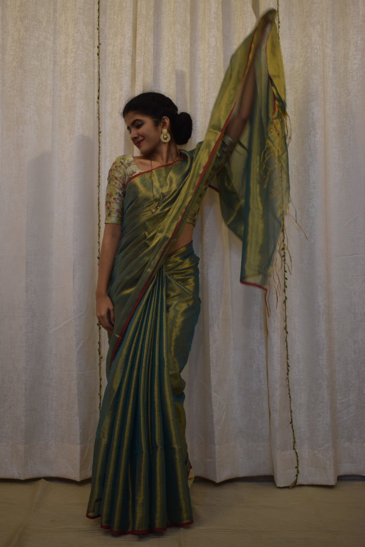 Harvi: Avocado Green Mul-Zari Tissue Saree