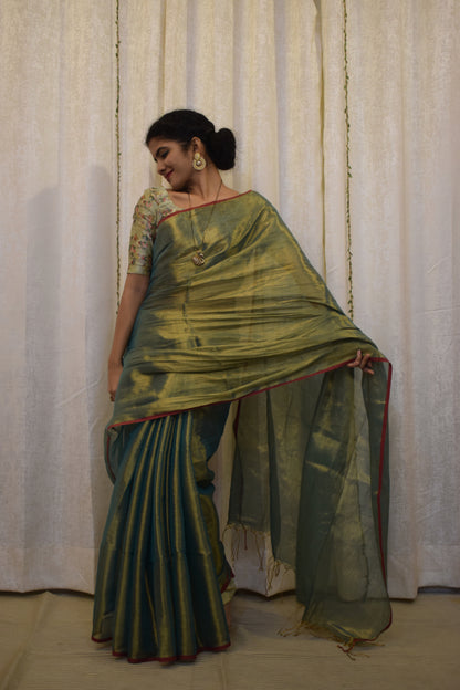 Harvi: Avocado Green Mul-Zari Tissue Saree