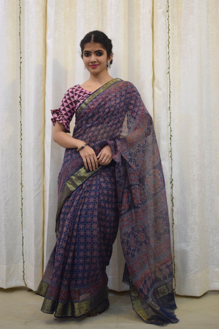 Virusha: Indigo & Red Kota Doria Ajrakh Saree