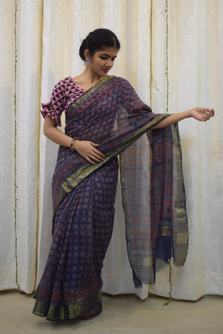 Virusha: Indigo & Red Kota Doria Ajrakh Saree