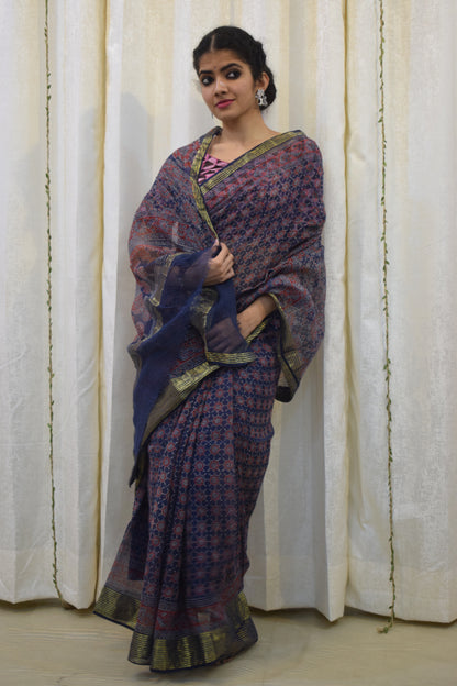 Virusha: Indigo & Red Kota Doria Ajrakh Saree