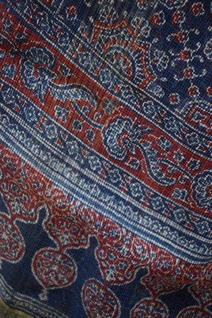 Virusha: Indigo & Red Kota Doria Ajrakh Saree