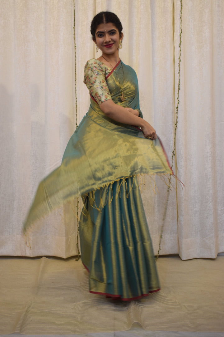 Harvi: Avocado Green Mul-Zari Tissue Saree