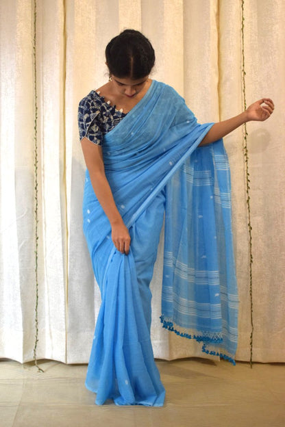 Gangotri: Cobalt Blue Mulmul Buti Saree