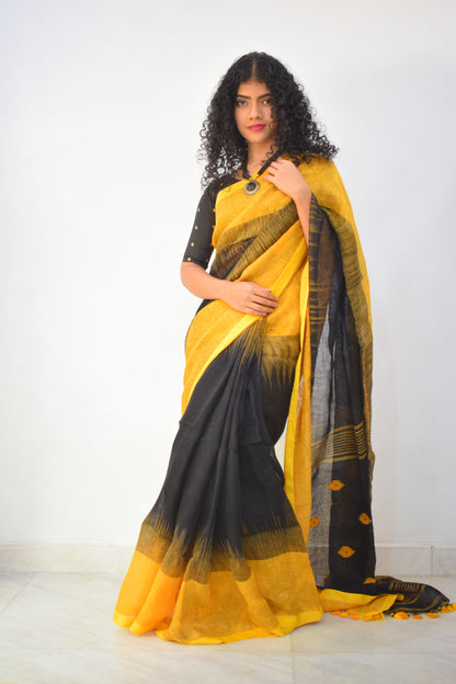 Manah- Yellow & Black Linen Jamdani Saree