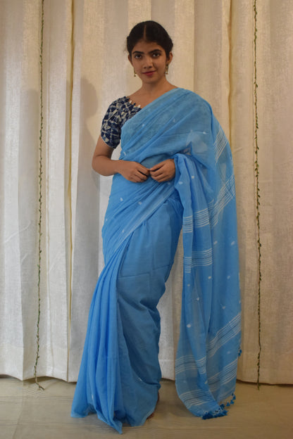 Gangotri: Cobalt Blue Mulmul Buti Saree