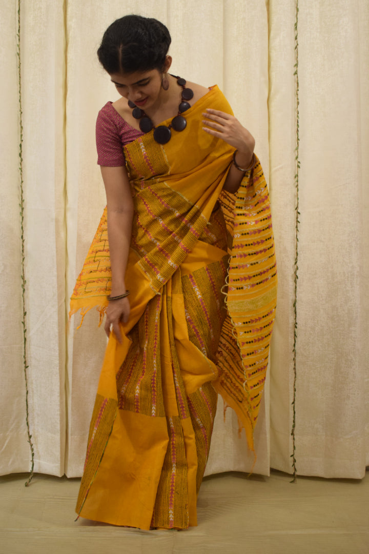 Malini: Amber yellow khadi cotton saree