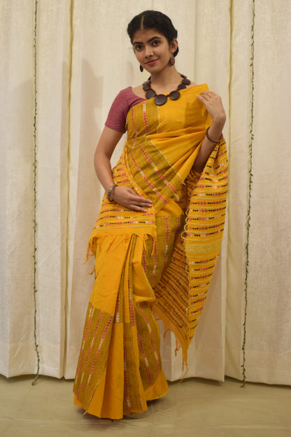 Malini: Amber yellow khadi cotton saree