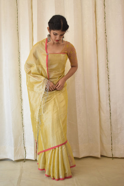 Ābhā: Subtle Gold Zari-Linen Tissue Saree