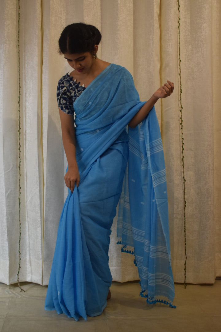 Gangotri: Cobalt Blue Mulmul Buti Saree