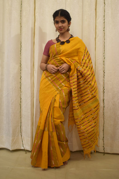 Malini: Amber yellow khadi cotton saree