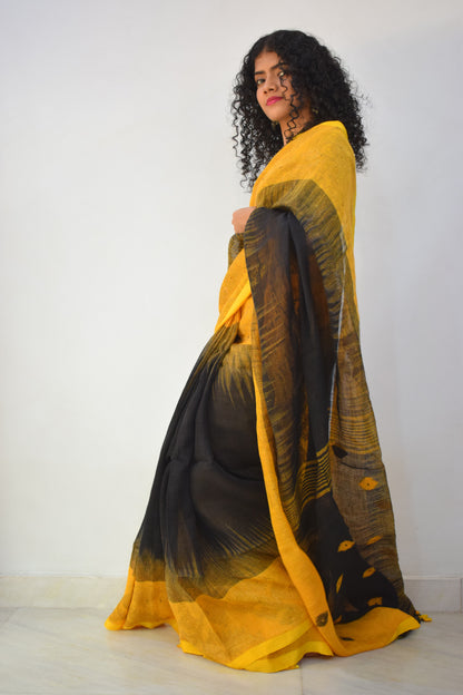 Manah- Yellow & Black Linen Jamdani Saree