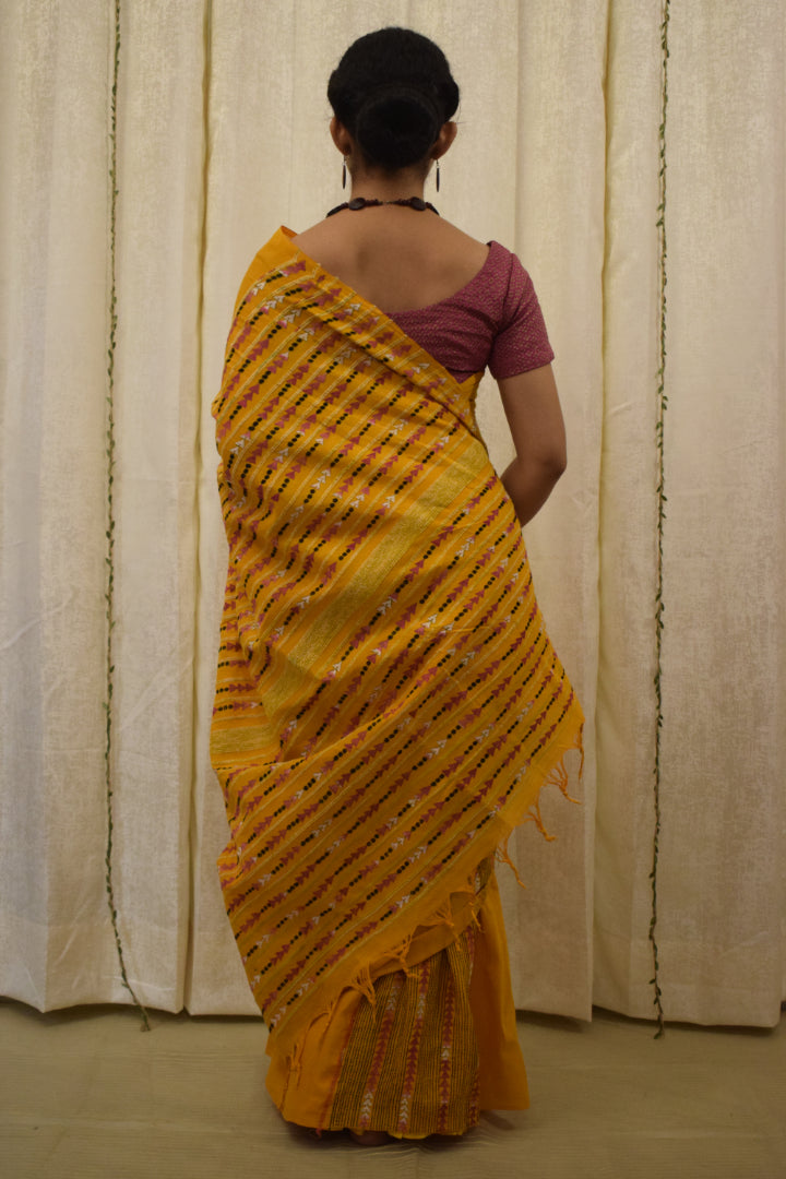 Malini: Amber yellow khadi cotton saree