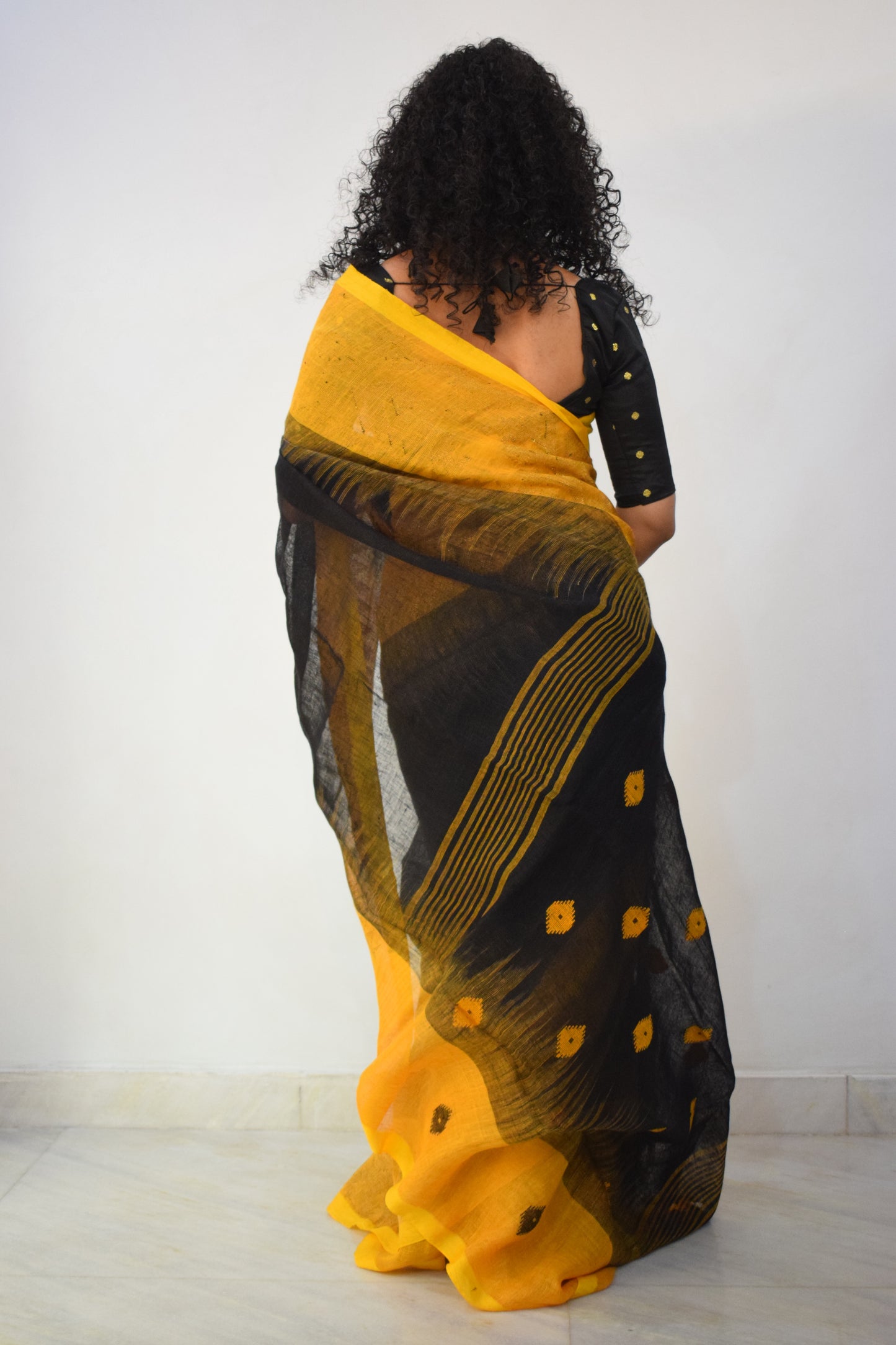 Manah- Yellow & Black Linen Jamdani Saree