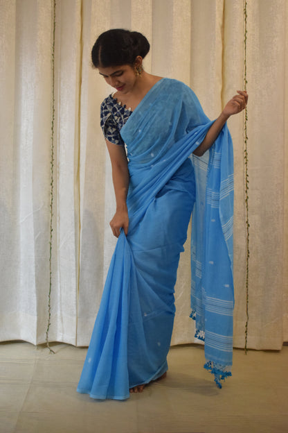 Gangotri: Cobalt Blue Mulmul Buti Saree