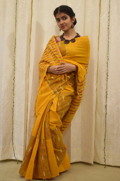 Malini: Amber yellow khadi cotton saree