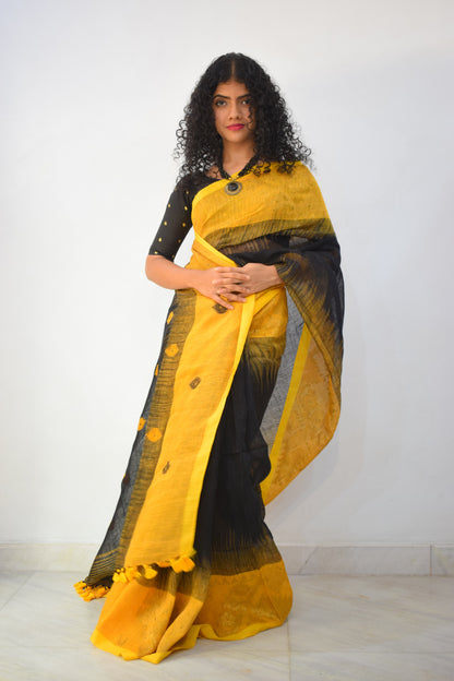 Manah- Yellow & Black Linen Jamdani Saree