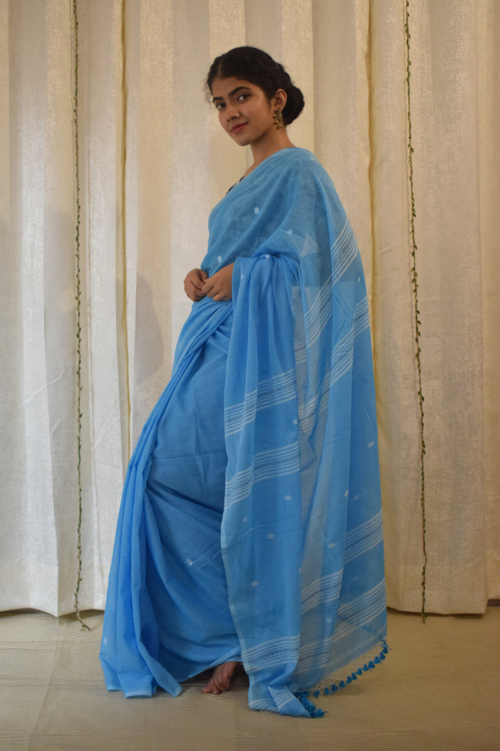 Gangotri: Cobalt Blue Mulmul Buti Saree