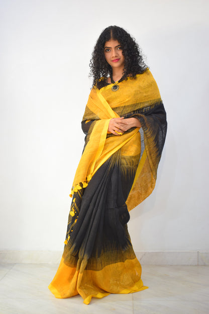 Manah- Yellow & Black Linen Jamdani Saree