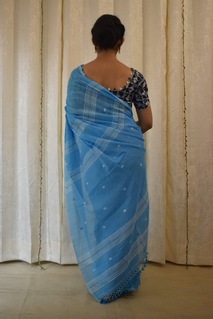 Gangotri: Cobalt Blue Mulmul Buti Saree