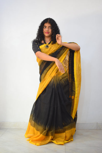 Manah- Yellow & Black Linen Jamdani Saree