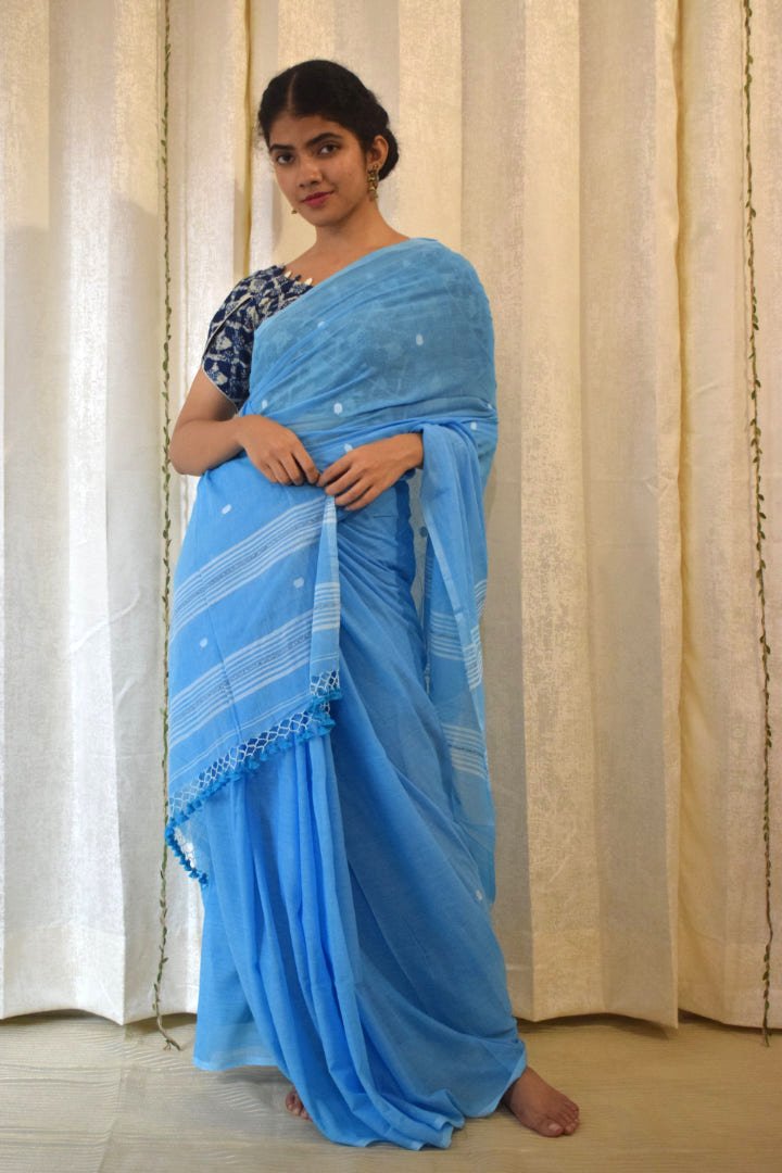 Gangotri: Cobalt Blue Mulmul Buti Saree