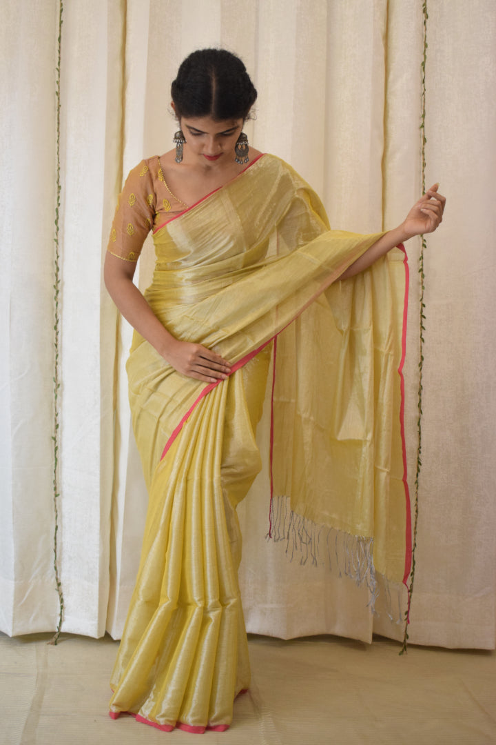 Ābhā: Subtle Gold Zari-Linen Tissue Saree