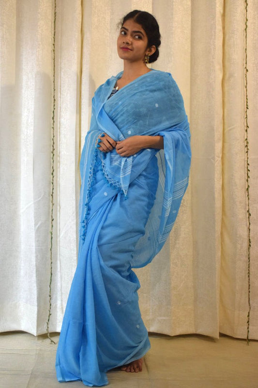 Gangotri: Cobalt Blue Mulmul Buti Saree