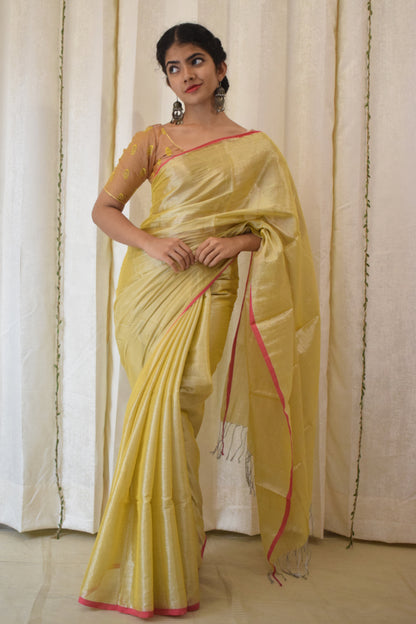 Ābhā: Subtle Gold Zari-Linen Tissue Saree