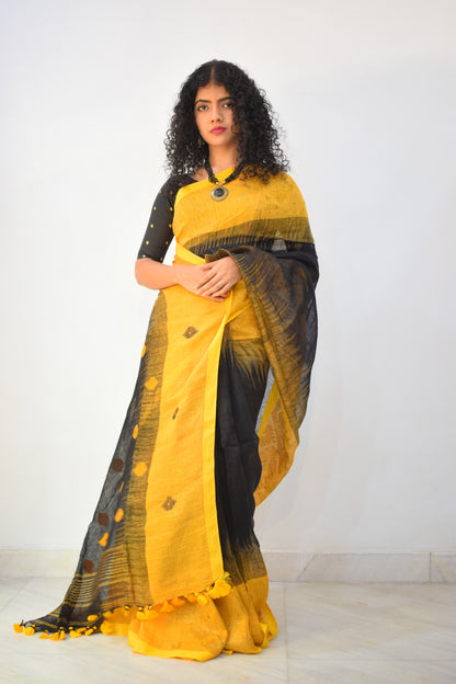 Manah- Yellow & Black Linen Jamdani Saree