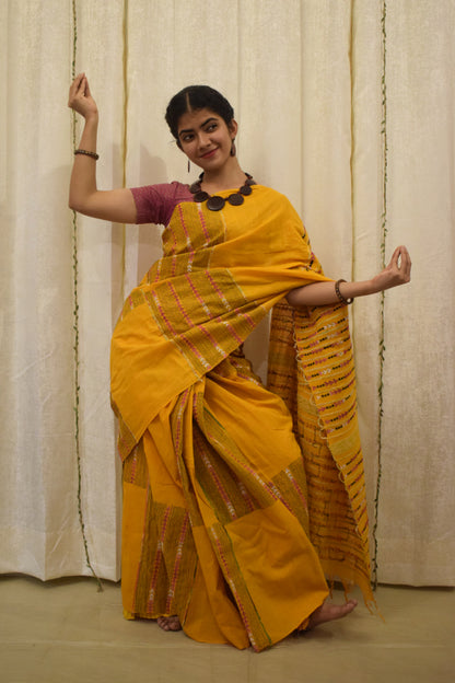 Malini: Amber yellow khadi cotton saree