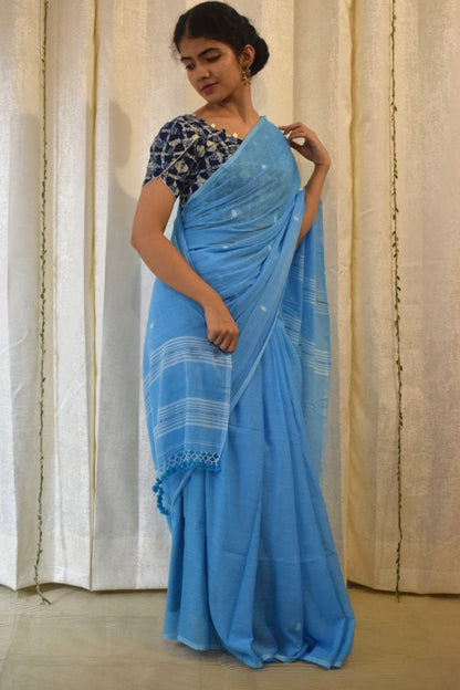 Gangotri: Cobalt Blue Mulmul Buti Saree