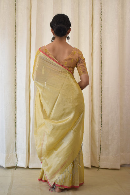 Ābhā: Subtle Gold Zari-Linen Tissue Saree