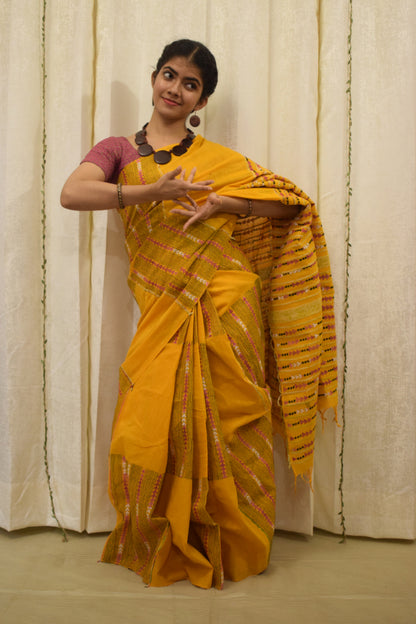 Malini: Amber yellow khadi cotton saree