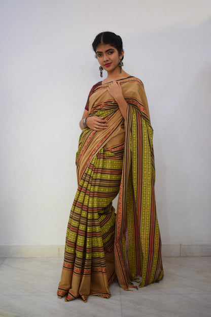 Āshirya- Green & Red Dhaniakhali Cotton Saree