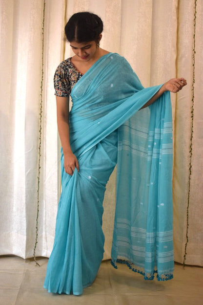 Pavani:  Turqoise Blue Mulmul Buti Saree