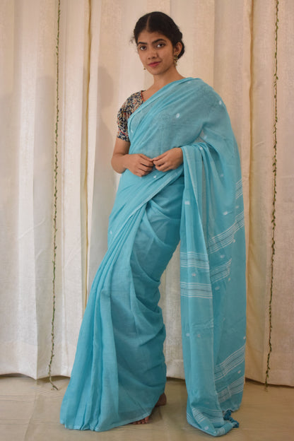 Pavani:  Turqoise Blue Mulmul Buti Saree